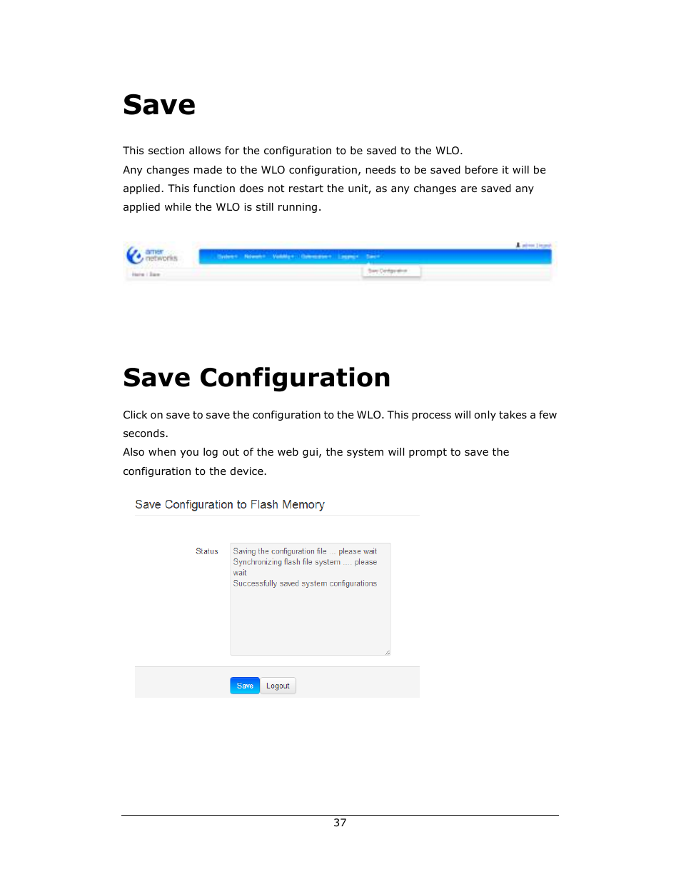 Save, Save configuration | Amer Networks WLO220T User Manual | Page 37 / 37