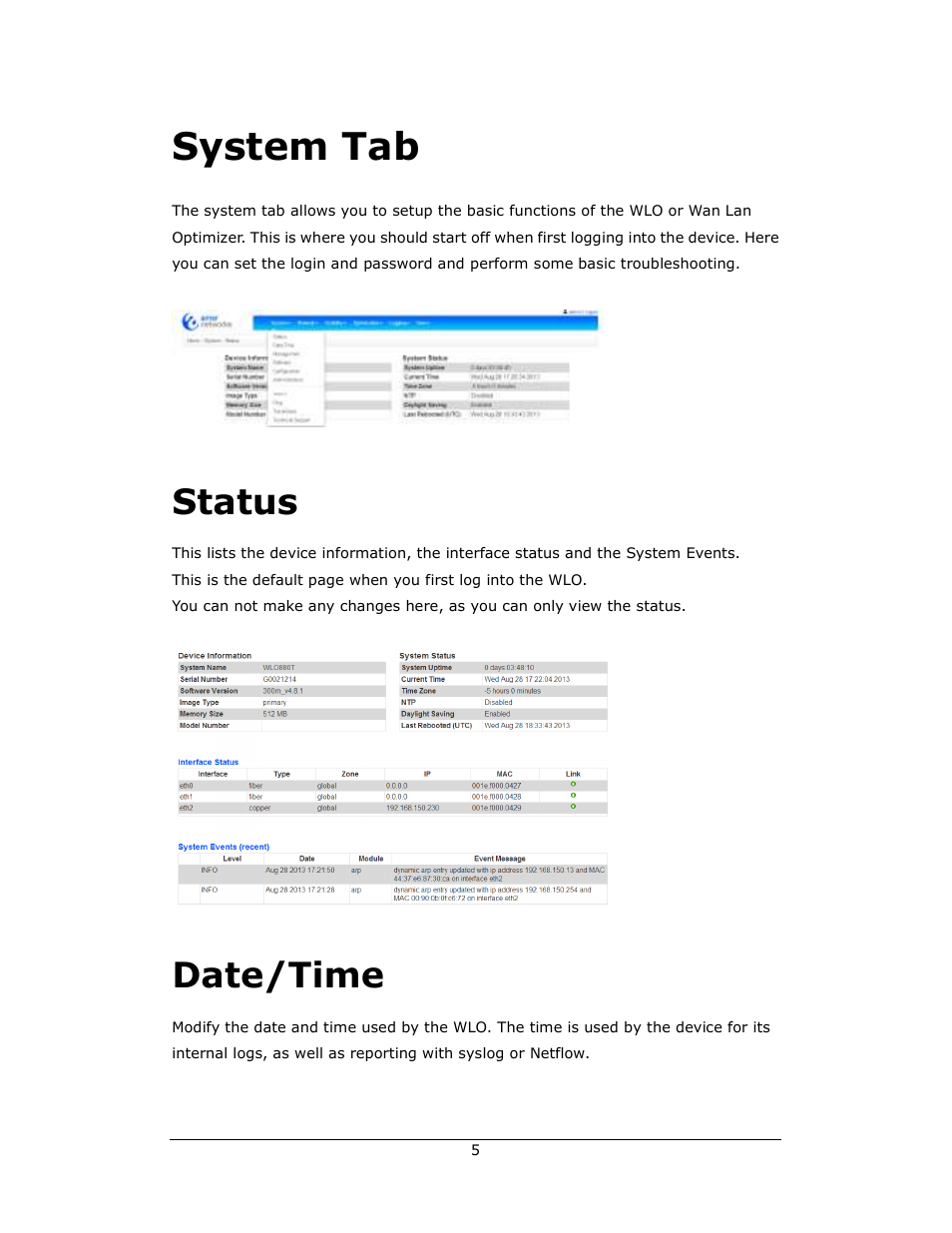 System tab, Status, Date/time | Amer Networks WLO220T User Manual | Page 5 / 37