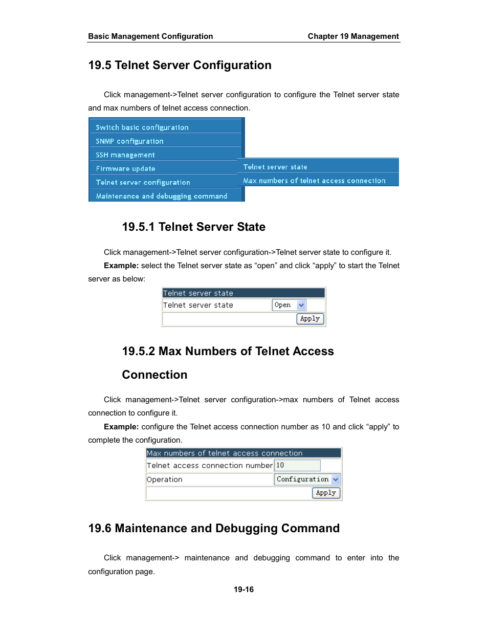 5 telnet server configuration, 1 telnet server state, 2 max numbers of telnet access connection | 6 maintenance and debugging command | Amer Networks WS6028 Web GUI User Manual | Page 102 / 105