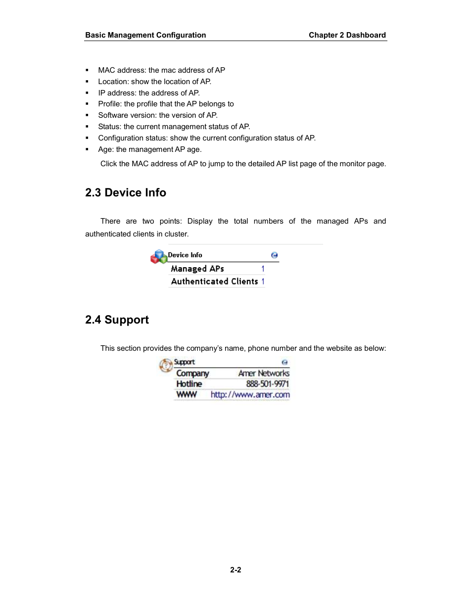 3 device info, 4 support | Amer Networks WS6028 Web GUI User Manual | Page 16 / 105