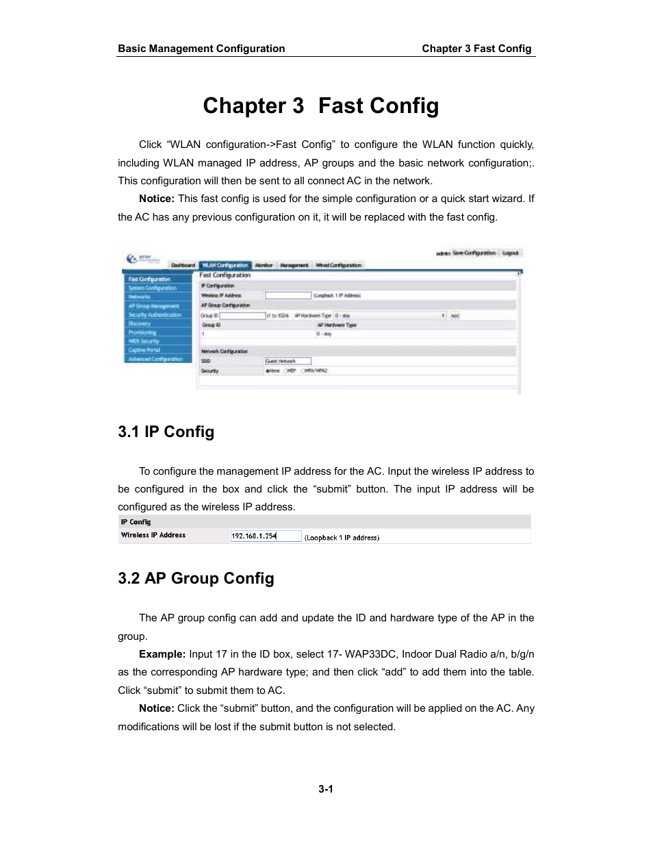 Chapter 3 fast config, 1 ip config, 2 ap group config | Amer Networks WS6028 Web GUI User Manual | Page 17 / 105