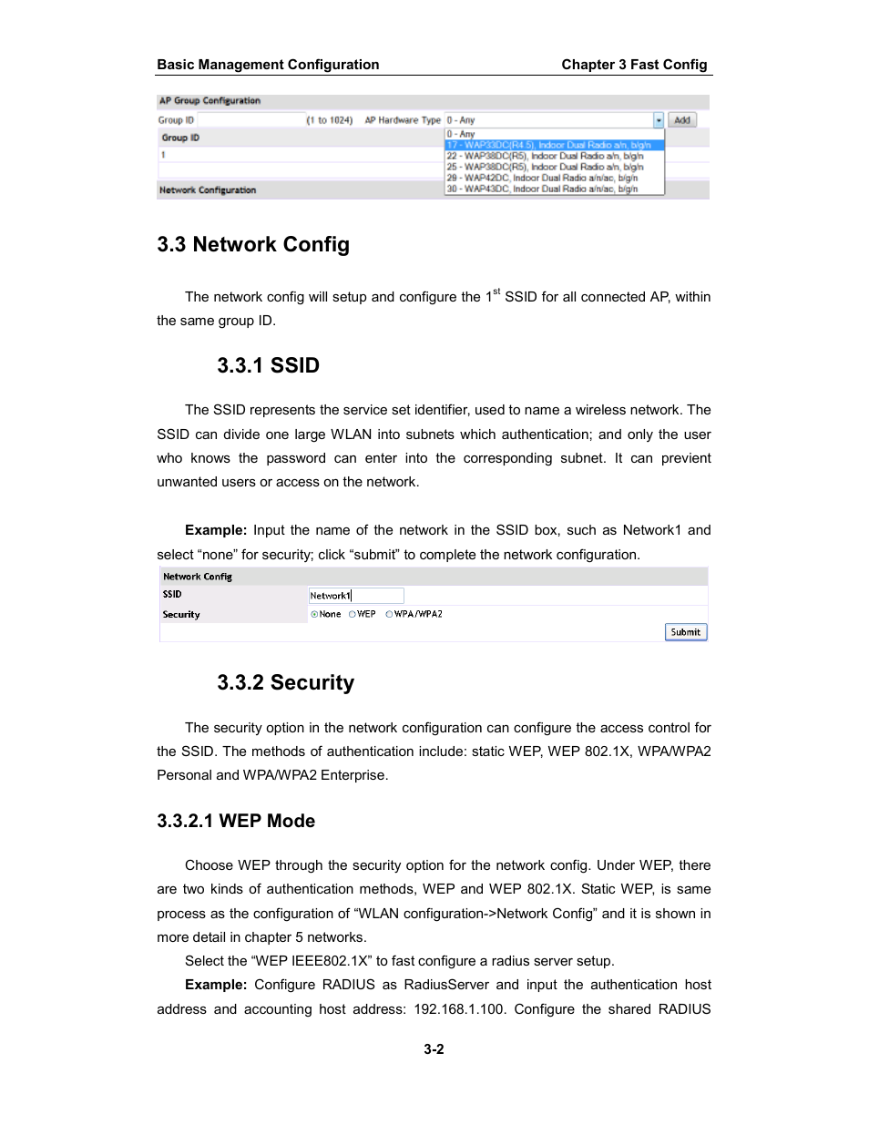 3 network config, 1 ssid, 2 security | 1 wep mode | Amer Networks WS6028 Web GUI User Manual | Page 18 / 105