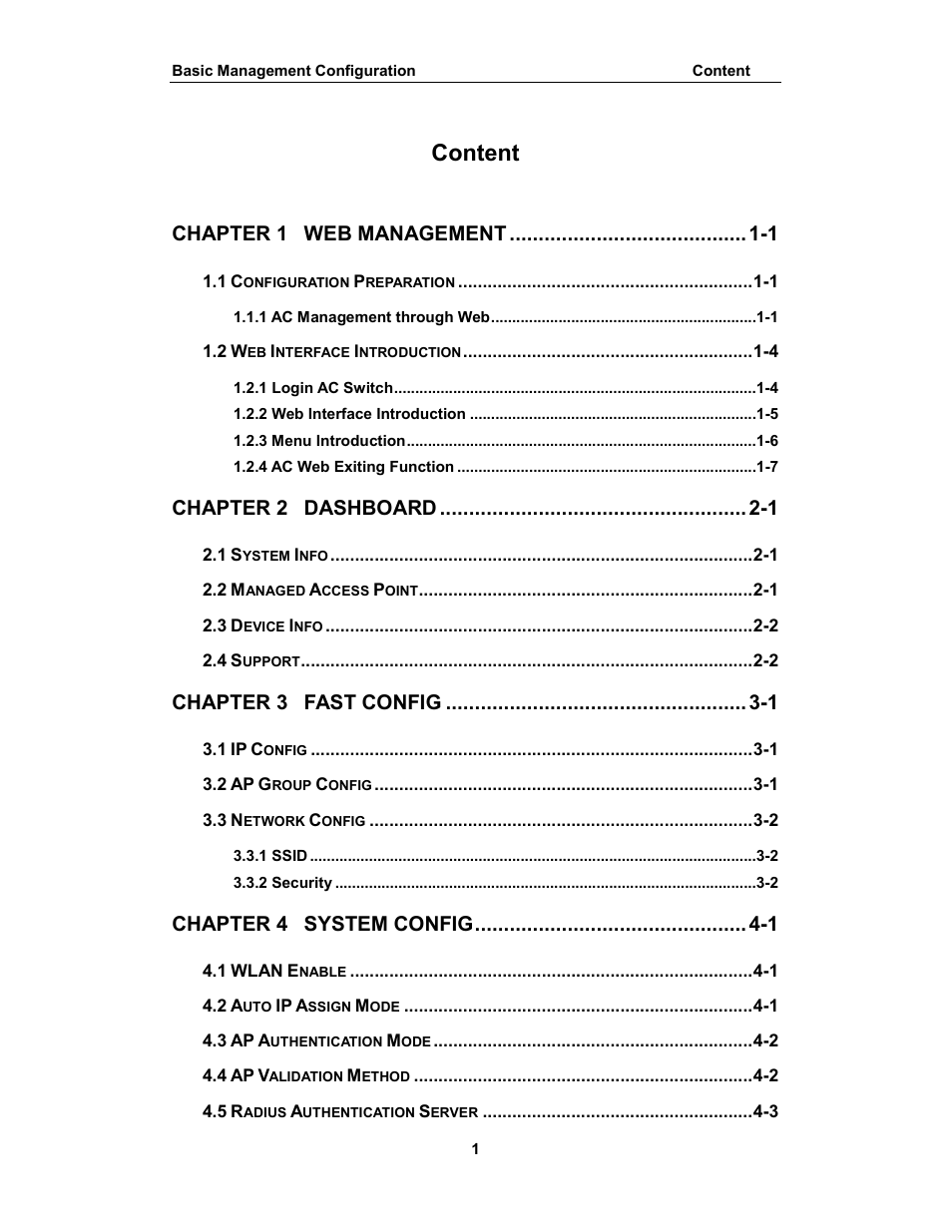Content, Chapter 1, Web management -1 | Chapter 2, Dashboard -1, Chapter 3, Fast config -1, Chapter 4, System config -1 | Amer Networks WS6028 Web GUI User Manual | Page 2 / 105