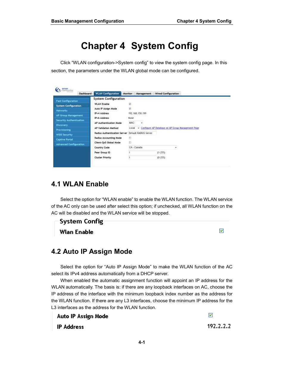 Chapter 4 system config, 1 wlan enable, 2 auto ip assign mode | Amer Networks WS6028 Web GUI User Manual | Page 20 / 105