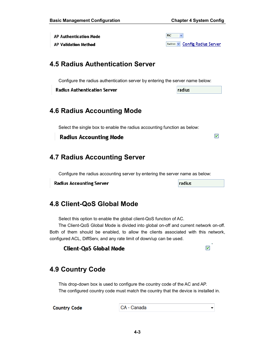 5 radius authentication server, 6 radius accounting mode, 7 radius accounting server | 8 client-qos global mode, 9 country code | Amer Networks WS6028 Web GUI User Manual | Page 22 / 105