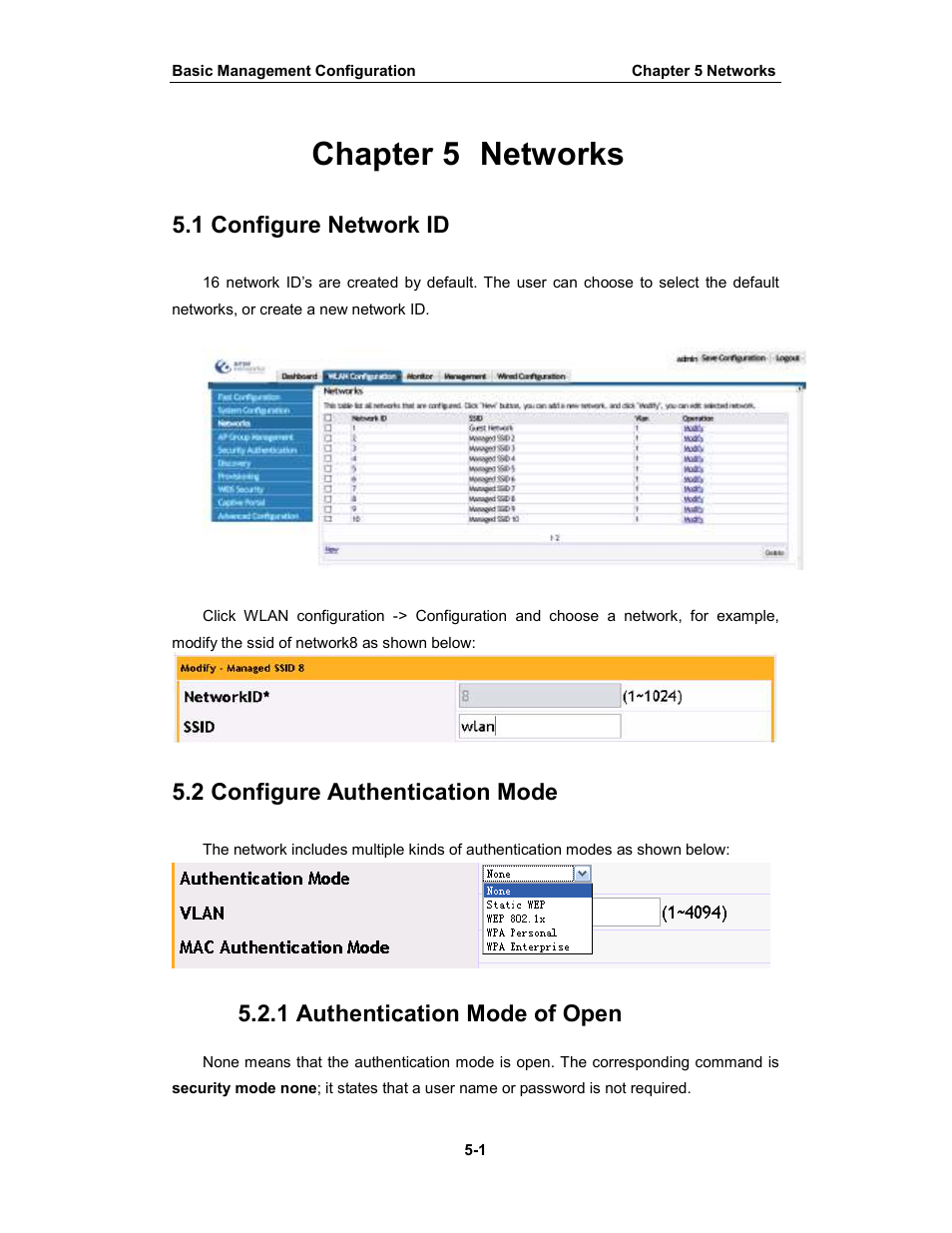 Chapter 5 networks, 1 configure network id, 2 configure authentication mode | 1 authentication mode of open | Amer Networks WS6028 Web GUI User Manual | Page 24 / 105