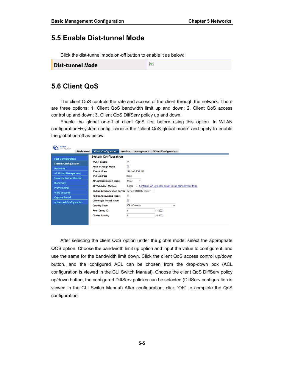 5 enable dist-tunnel mode, 6 client qos | Amer Networks WS6028 Web GUI User Manual | Page 28 / 105