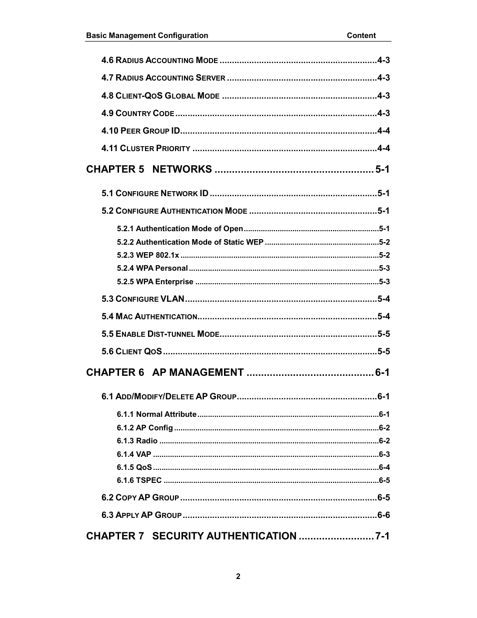 Chapter 5, Networks -1, Chapter 6 | Ap management -1, Chapter 7, Security authentication -1 | Amer Networks WS6028 Web GUI User Manual | Page 3 / 105