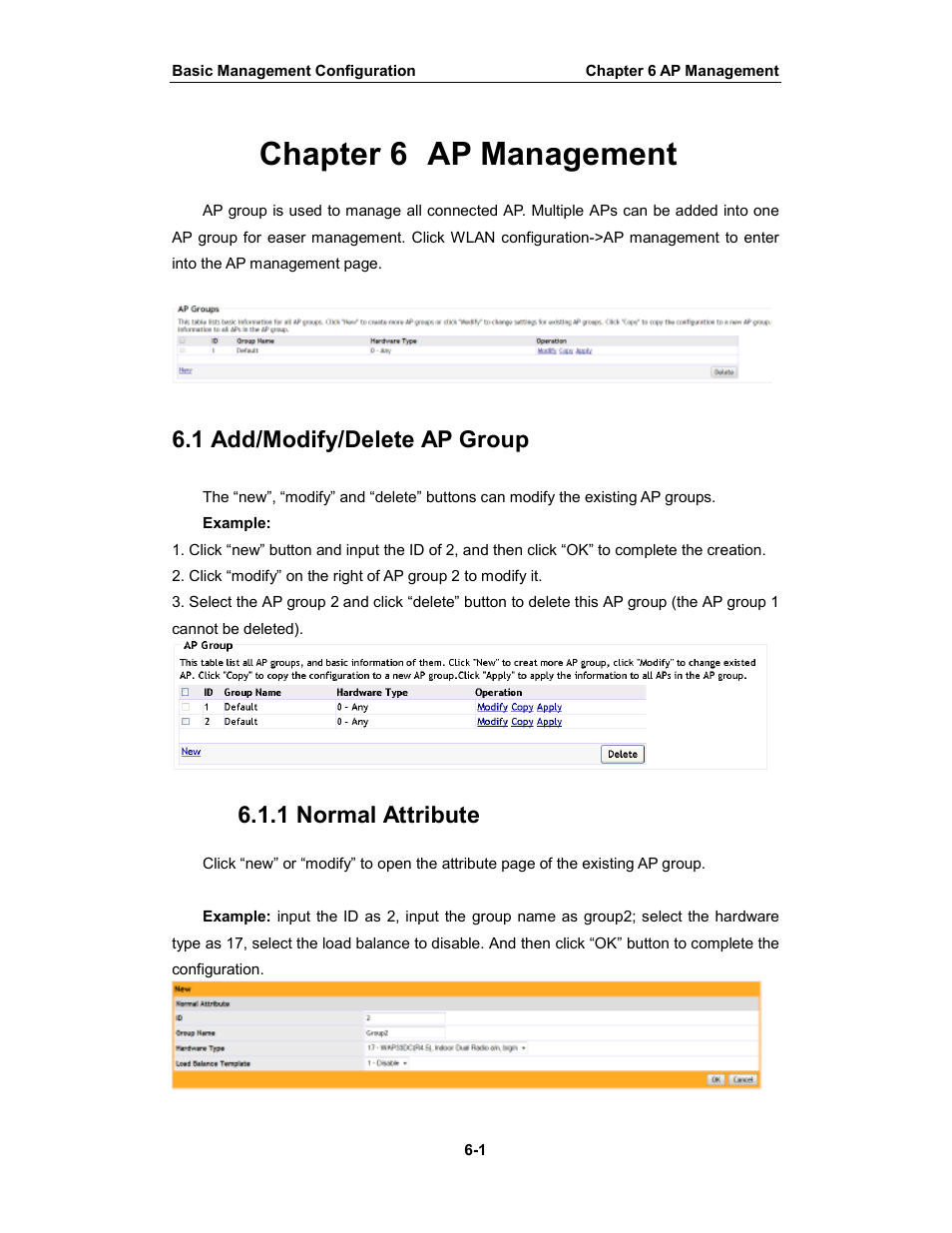 Chapter 6 ap management, 1 add/modify/delete ap group, 1 normal attribute | Amer Networks WS6028 Web GUI User Manual | Page 30 / 105