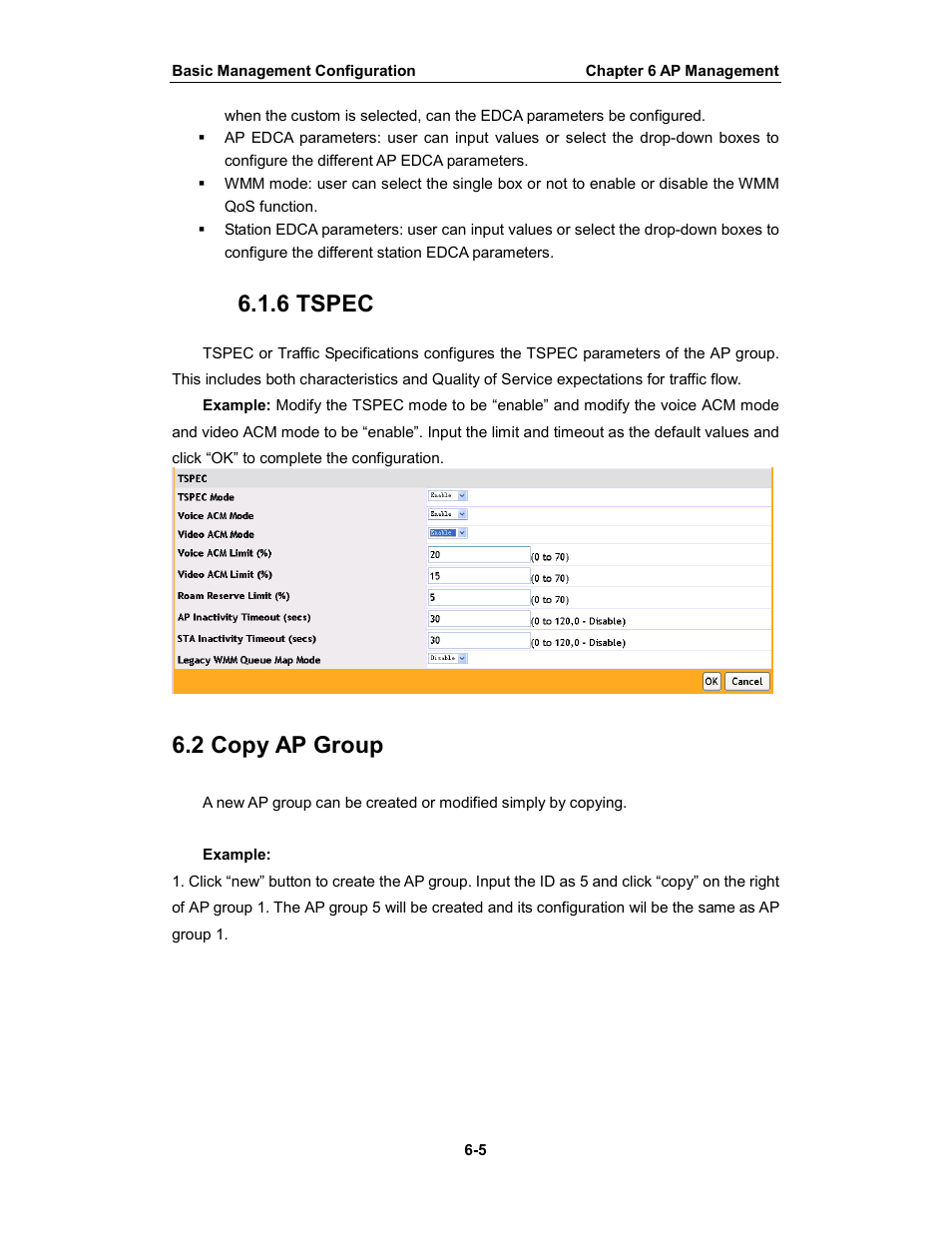 6 tspec, 2 copy ap group | Amer Networks WS6028 Web GUI User Manual | Page 34 / 105