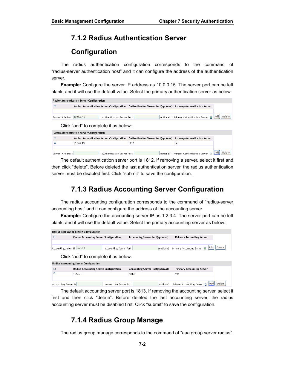 2 radius authentication server configuration, 3 radius accounting server configuration, 4 radius group manage | Amer Networks WS6028 Web GUI User Manual | Page 37 / 105