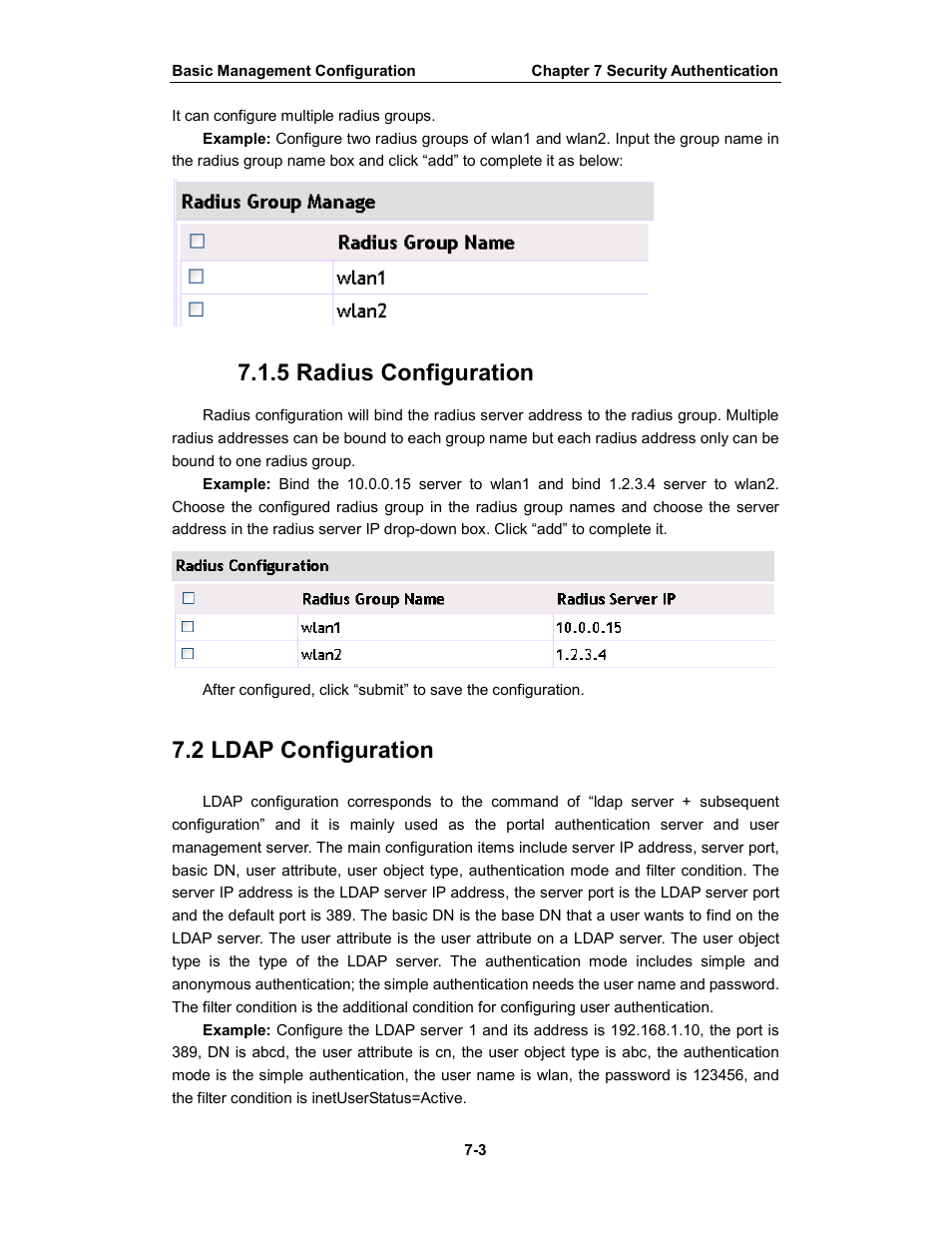 5 radius configuration, 2 ldap configuration | Amer Networks WS6028 Web GUI User Manual | Page 38 / 105