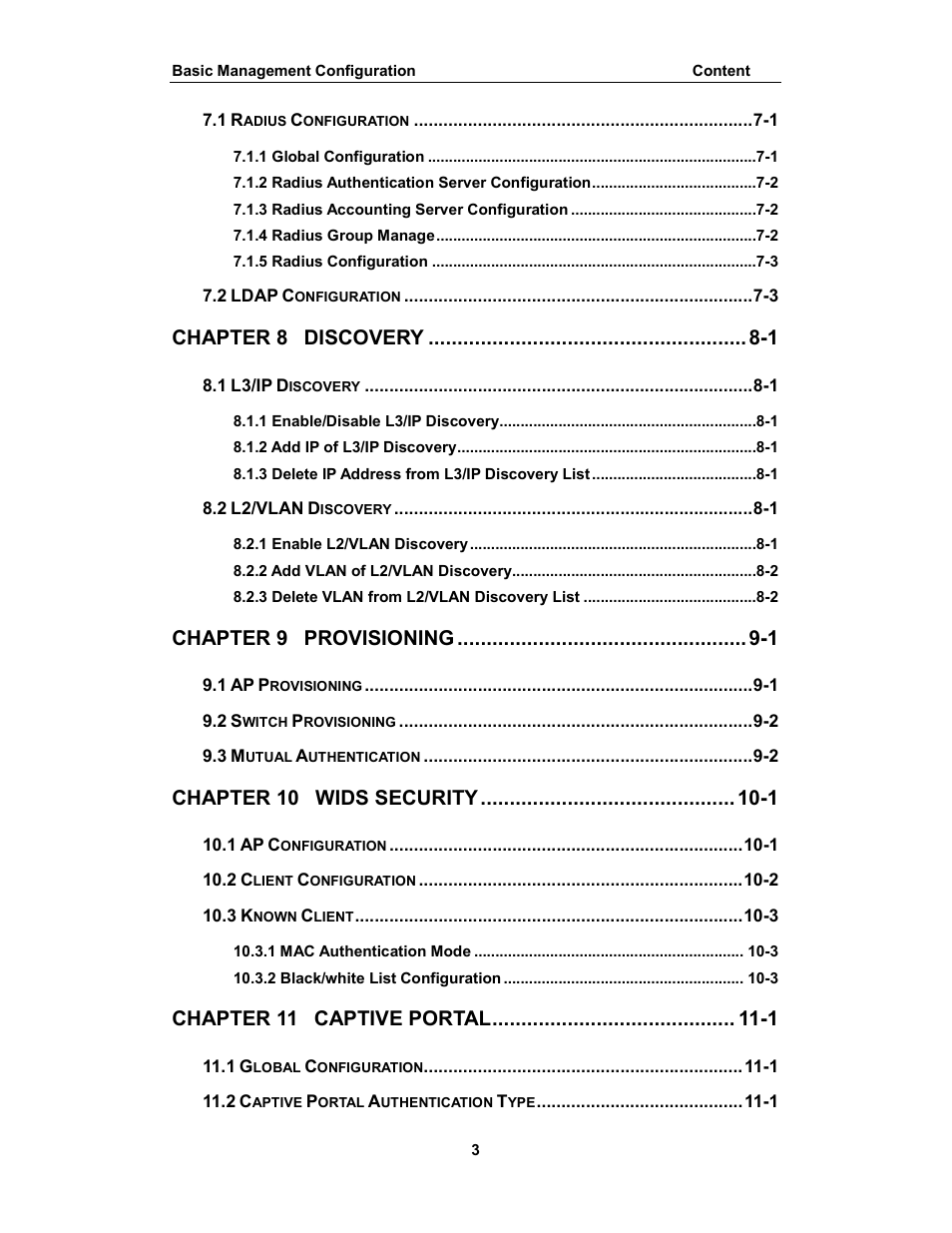 Chapter 8, Discovery -1, Chapter 9 | Provisioning -1, Chapter 10, Wids security -1, Chapter 11, Captive portal -1 | Amer Networks WS6028 Web GUI User Manual | Page 4 / 105