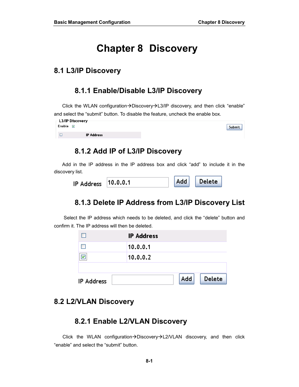 Chapter 8 discovery, 2 add ip of l3/ip discovery, 3 delete ip address from l3/ip discovery list | Amer Networks WS6028 Web GUI User Manual | Page 40 / 105