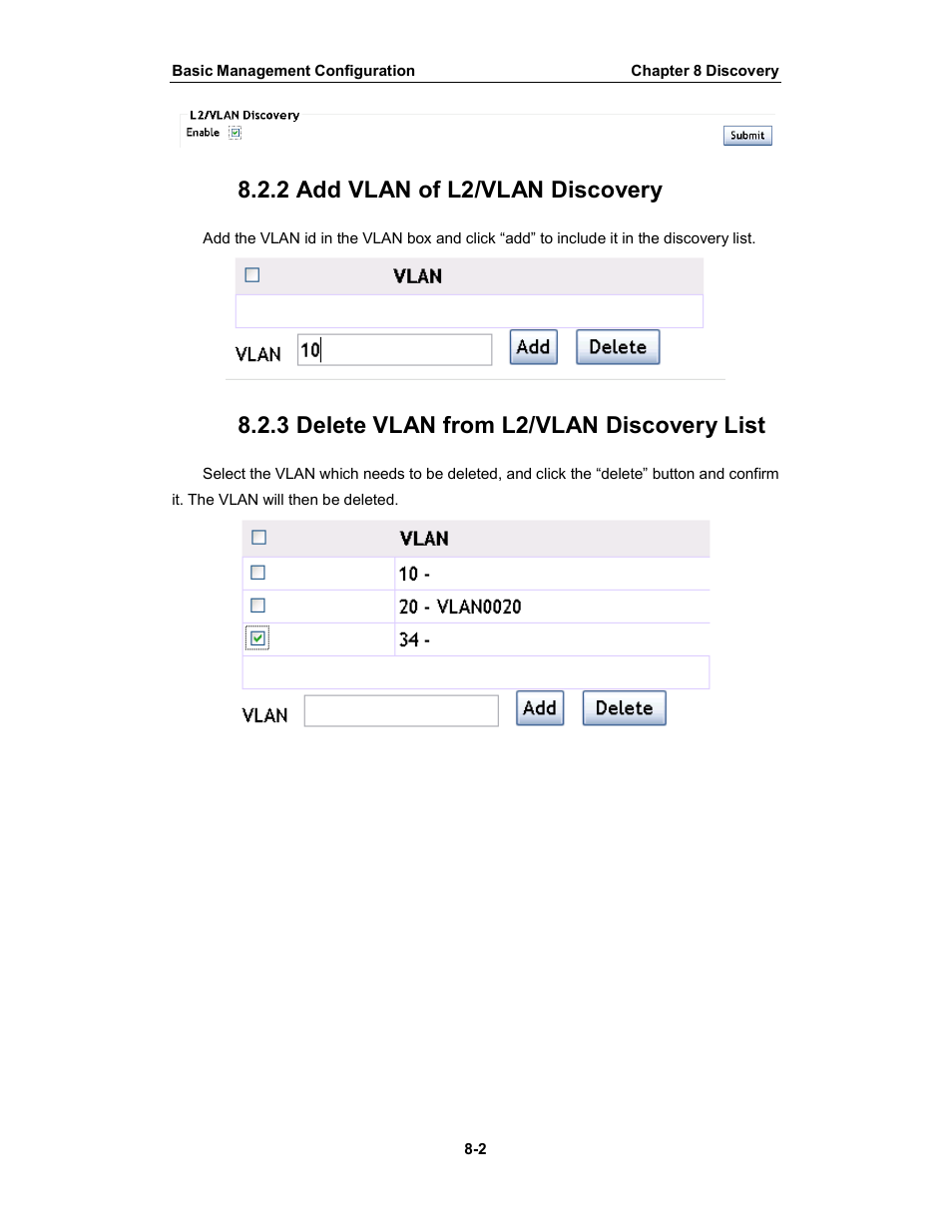 2 add vlan of l2/vlan discovery, 3 delete vlan from l2/vlan discovery list | Amer Networks WS6028 Web GUI User Manual | Page 41 / 105
