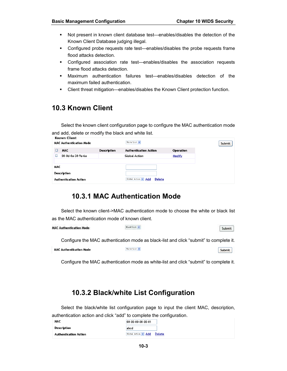 3 known client, 1 mac authentication mode, 2 black/white list configuration | Amer Networks WS6028 Web GUI User Manual | Page 47 / 105
