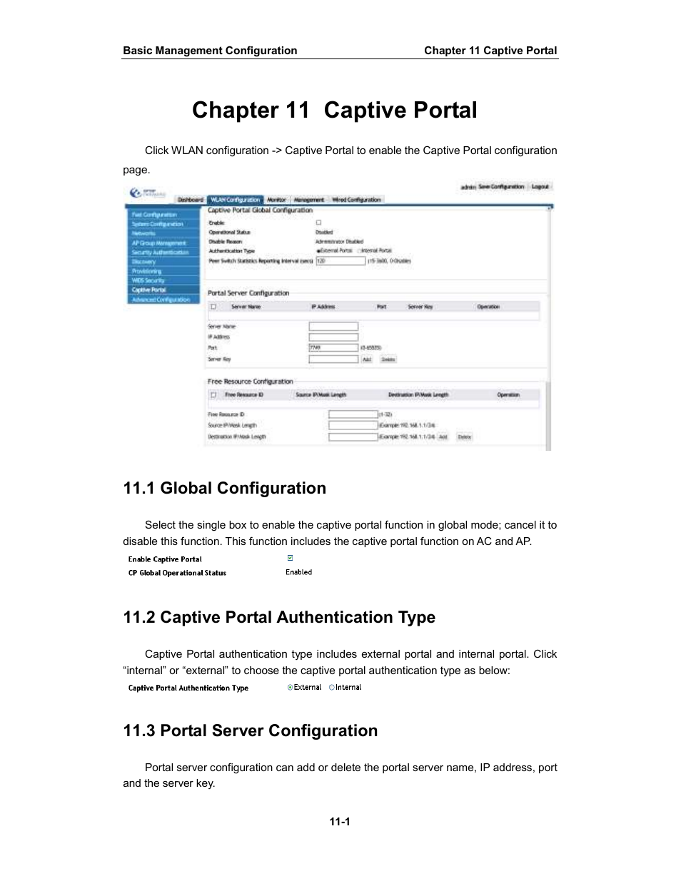 Chapter 11 captive portal, 1 global configuration, 2 captive portal authentication type | 3 portal server configuration | Amer Networks WS6028 Web GUI User Manual | Page 49 / 105