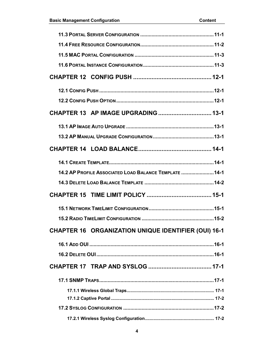 Chapter 12, Config push -1, Chapter 13 | Ap image upgrading -1, Chapter 14, Load balance -1, Chapter 15, Time limit policy -1, Chapter 16, Organization unique identifier (oui) 16-1 | Amer Networks WS6028 Web GUI User Manual | Page 5 / 105