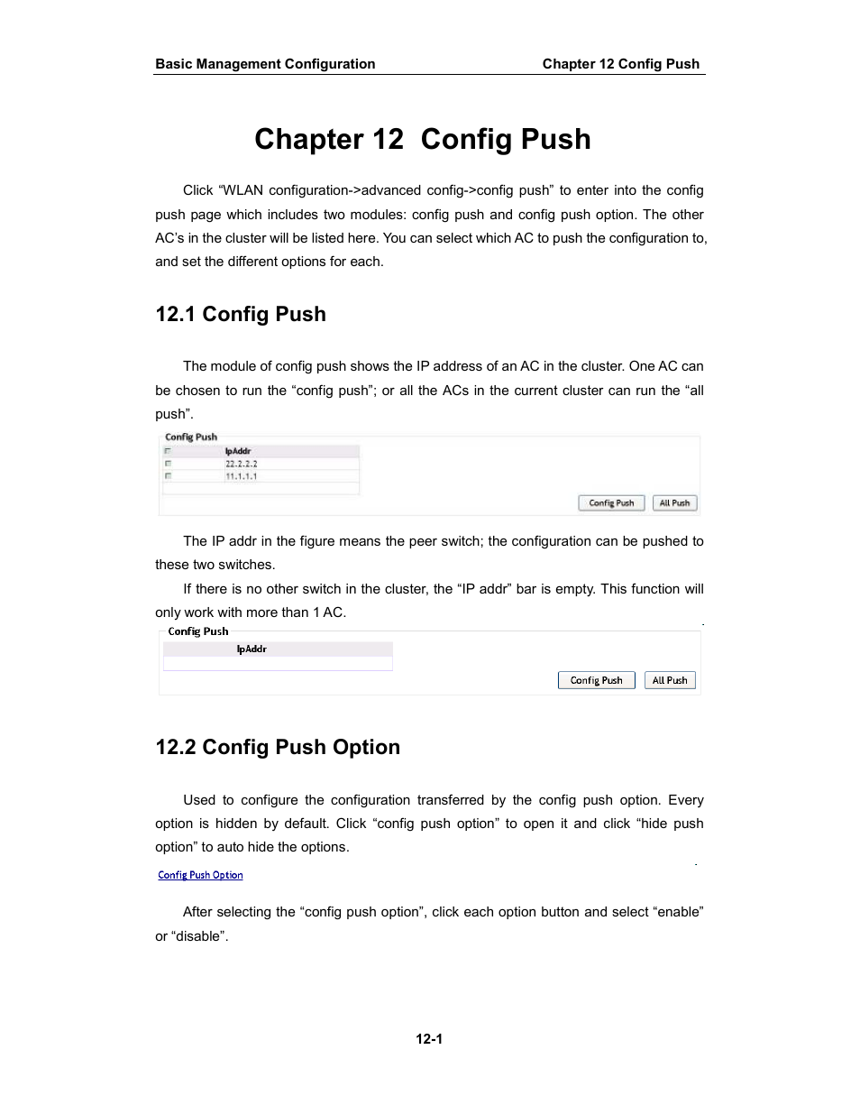 Chapter 12 config push, 1 config push, 2 config push option | Amer Networks WS6028 Web GUI User Manual | Page 54 / 105