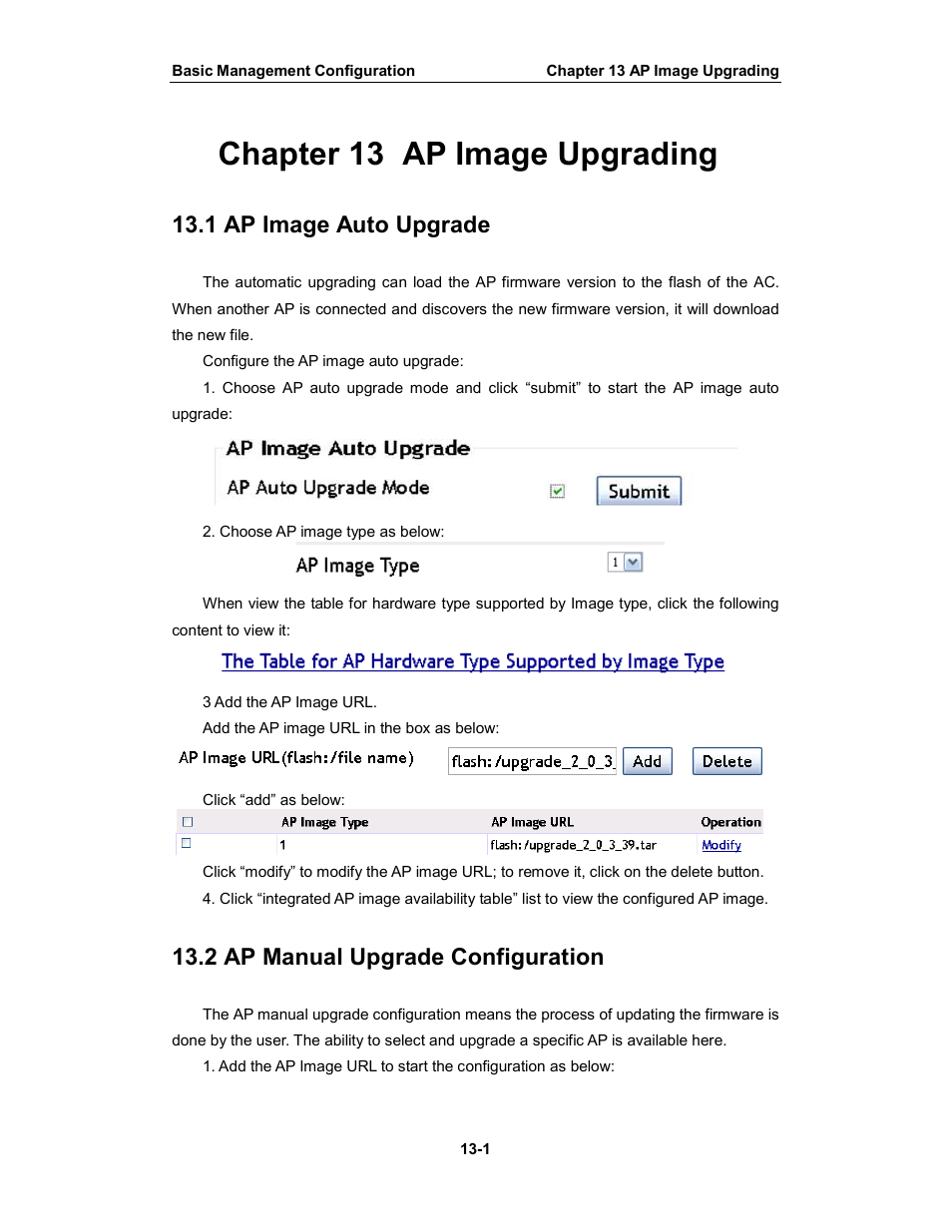 Chapter 13 ap image upgrading, 1 ap image auto upgrade, 2 ap manual upgrade configuration | Amer Networks WS6028 Web GUI User Manual | Page 56 / 105