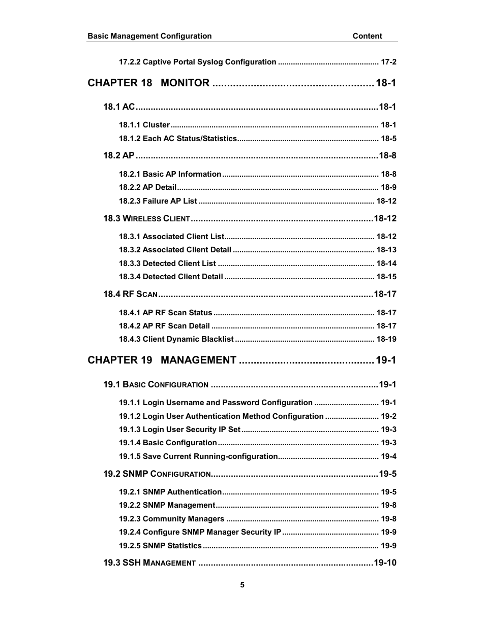Chapter 18, Monitor -1, Chapter 19 | Management -1 | Amer Networks WS6028 Web GUI User Manual | Page 6 / 105