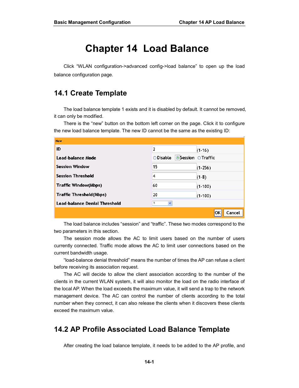Chapter 14 load balance, 1 create template, 2 ap profile associated load balance template | Amer Networks WS6028 Web GUI User Manual | Page 60 / 105