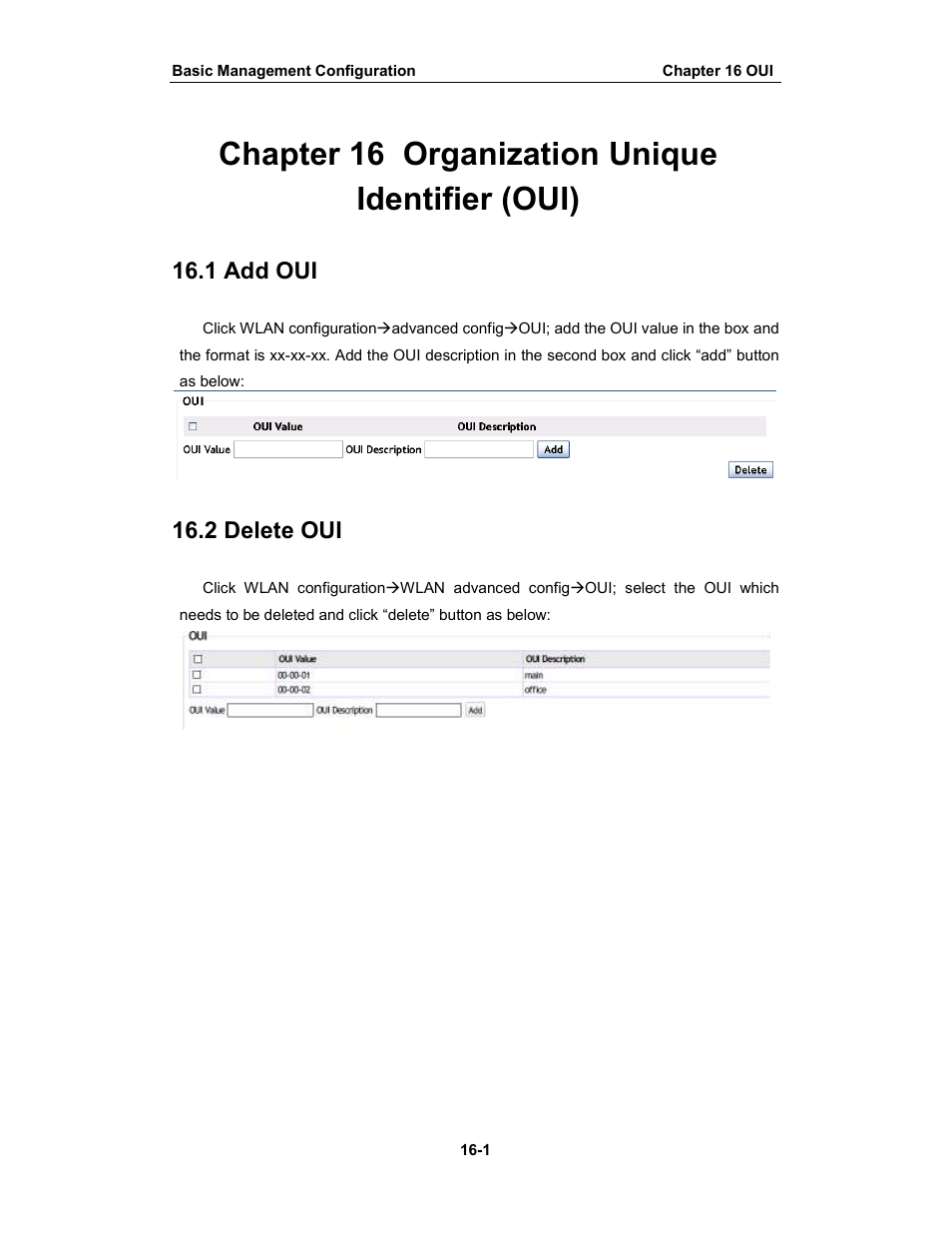 Chapter 16 organization unique identifier (oui), 1 add oui, 2 delete oui | Amer Networks WS6028 Web GUI User Manual | Page 65 / 105