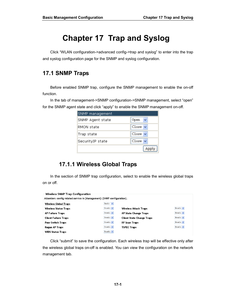 Chapter 17 trap and syslog, 1 snmp traps, 1 wireless global traps | Amer Networks WS6028 Web GUI User Manual | Page 66 / 105
