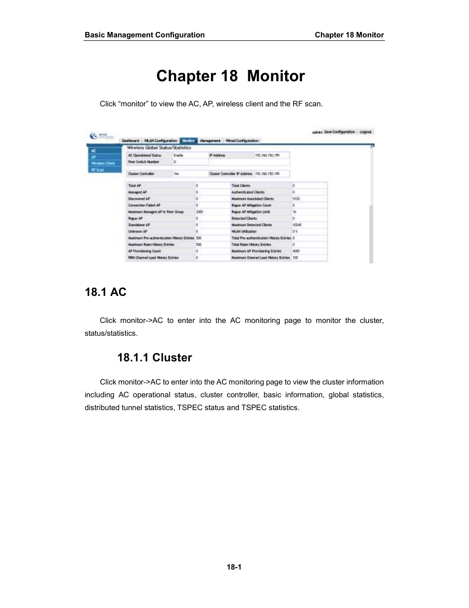 Chapter 18 monitor, 1 ac, 1 cluster | Amer Networks WS6028 Web GUI User Manual | Page 68 / 105