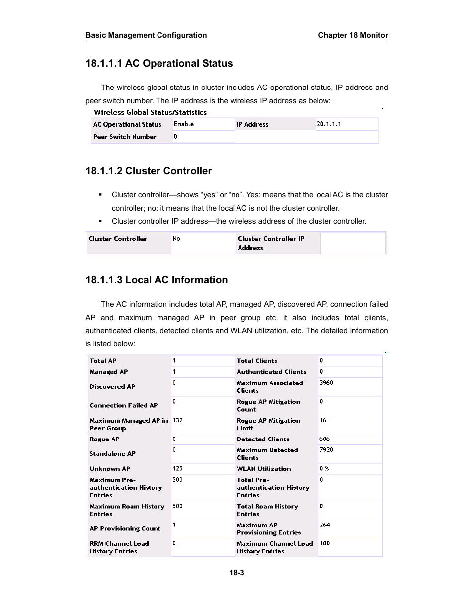 1 ac operational status, 2 cluster controller, 3 local ac information | Amer Networks WS6028 Web GUI User Manual | Page 70 / 105