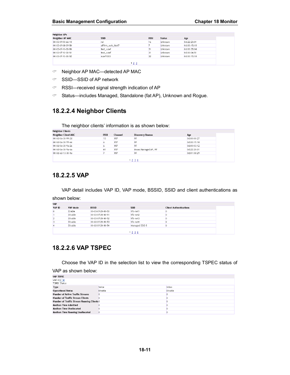 4 neighbor clients, 5 vap, 6 vap tspec | Amer Networks WS6028 Web GUI User Manual | Page 78 / 105