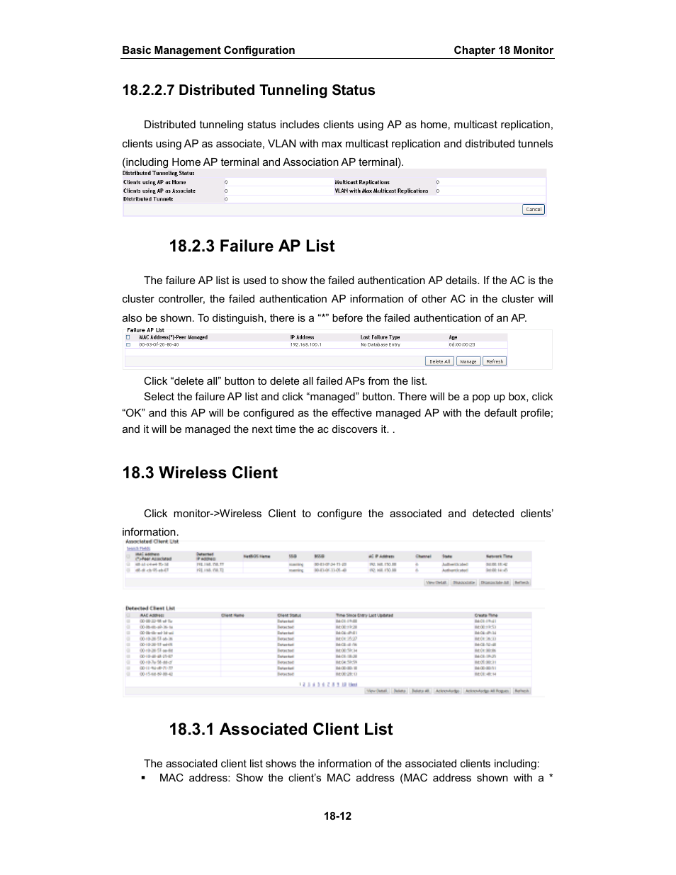 3 failure ap list, 3 wireless client, 1 associated client list | 7 distributed tunneling status | Amer Networks WS6028 Web GUI User Manual | Page 79 / 105