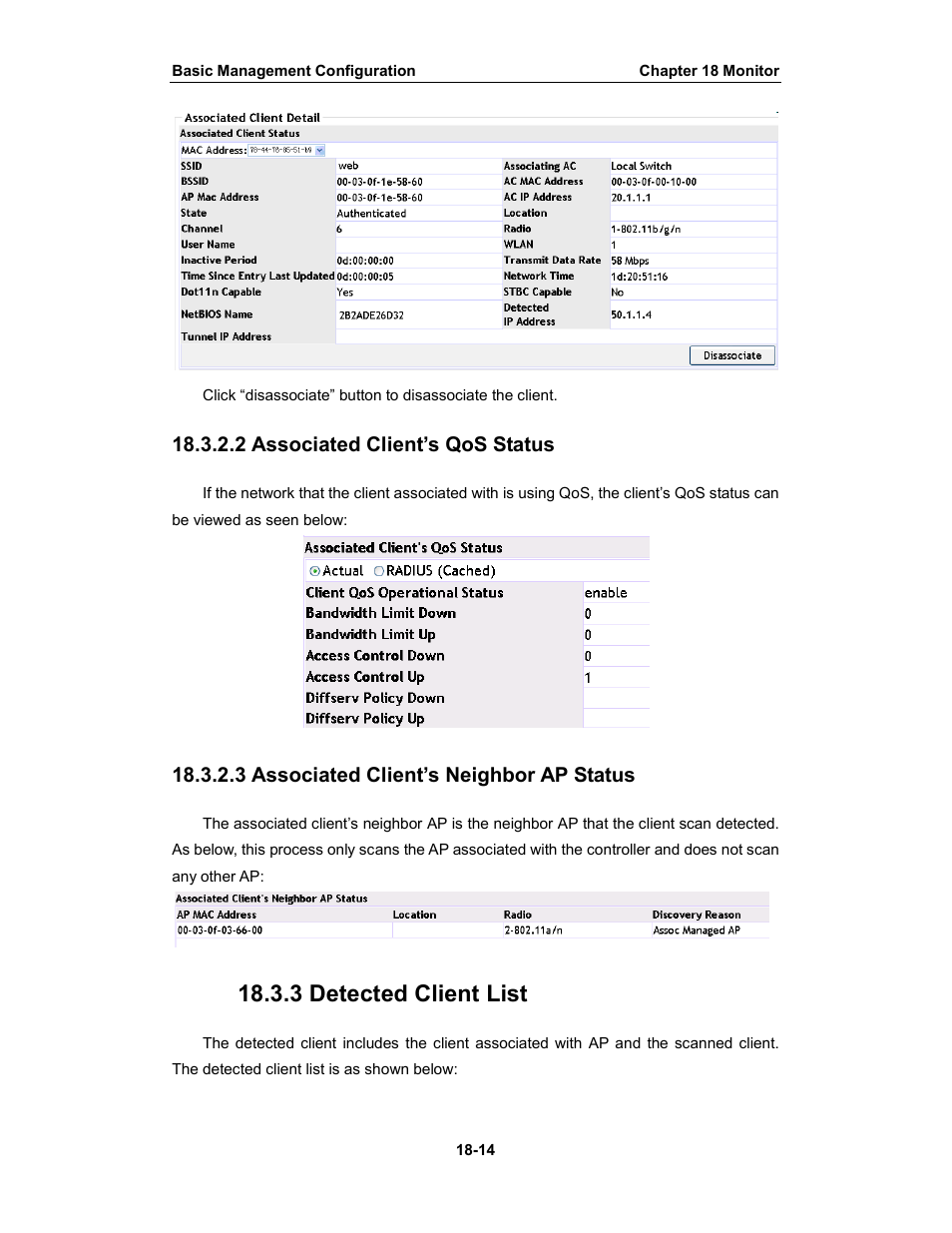 3 detected client list, 2 associated client’s qos status, 3 associated client’s neighbor ap status | Amer Networks WS6028 Web GUI User Manual | Page 81 / 105