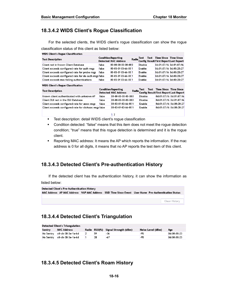 2 wids client’s rogue classification, 3 detected client’s pre-authentication history, 4 detected client’s triangulation | 5 detected client’s roam history | Amer Networks WS6028 Web GUI User Manual | Page 83 / 105