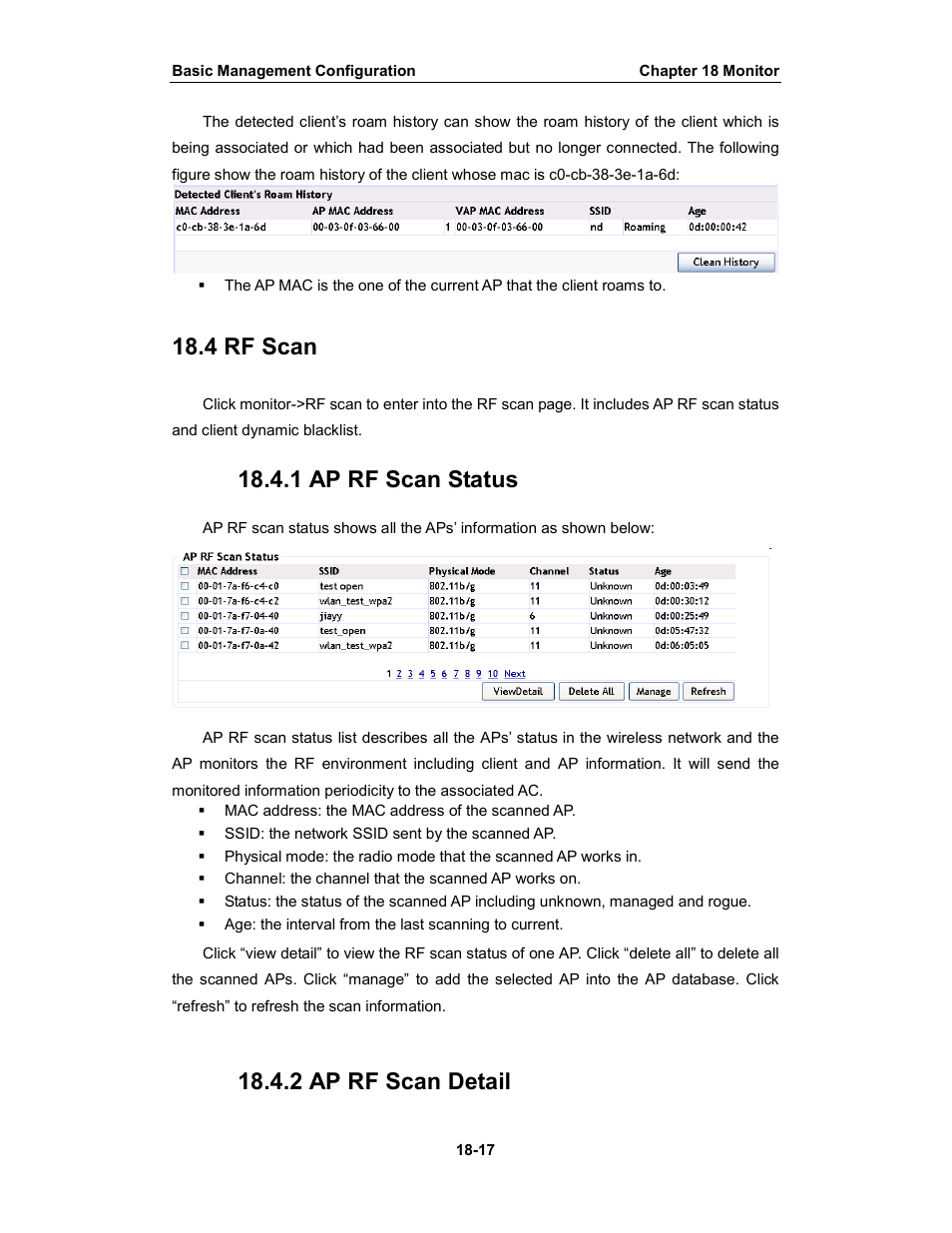 4 rf scan, 1 ap rf scan status, 2 ap rf scan detail | Amer Networks WS6028 Web GUI User Manual | Page 84 / 105