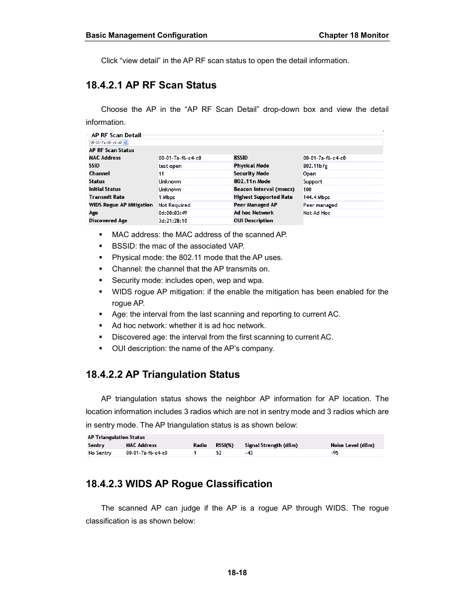 1 ap rf scan status, 2 ap triangulation status, 3 wids ap rogue classification | Amer Networks WS6028 Web GUI User Manual | Page 85 / 105