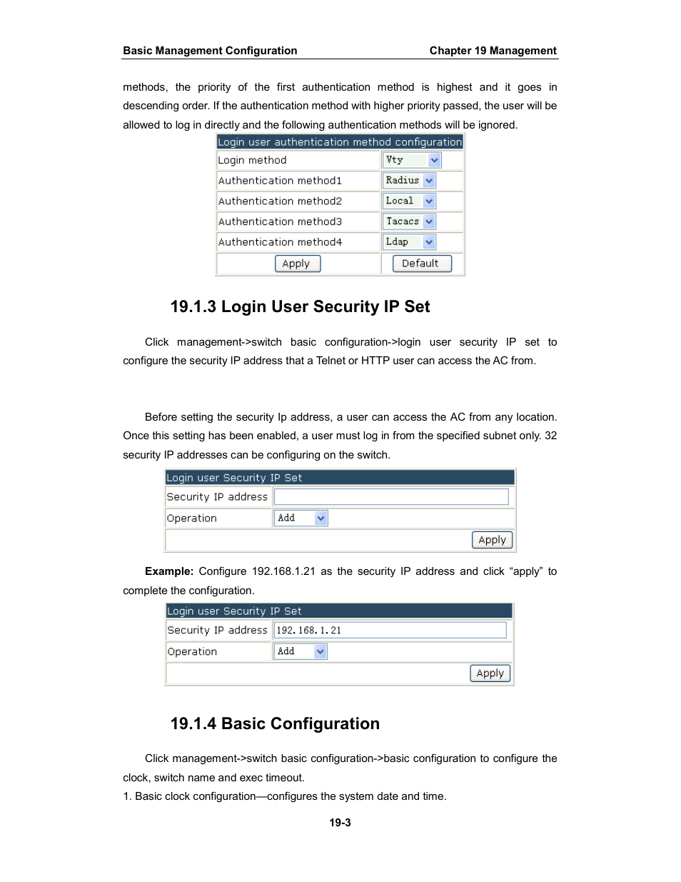 3 login user security ip set, 4 basic configuration | Amer Networks WS6028 Web GUI User Manual | Page 89 / 105