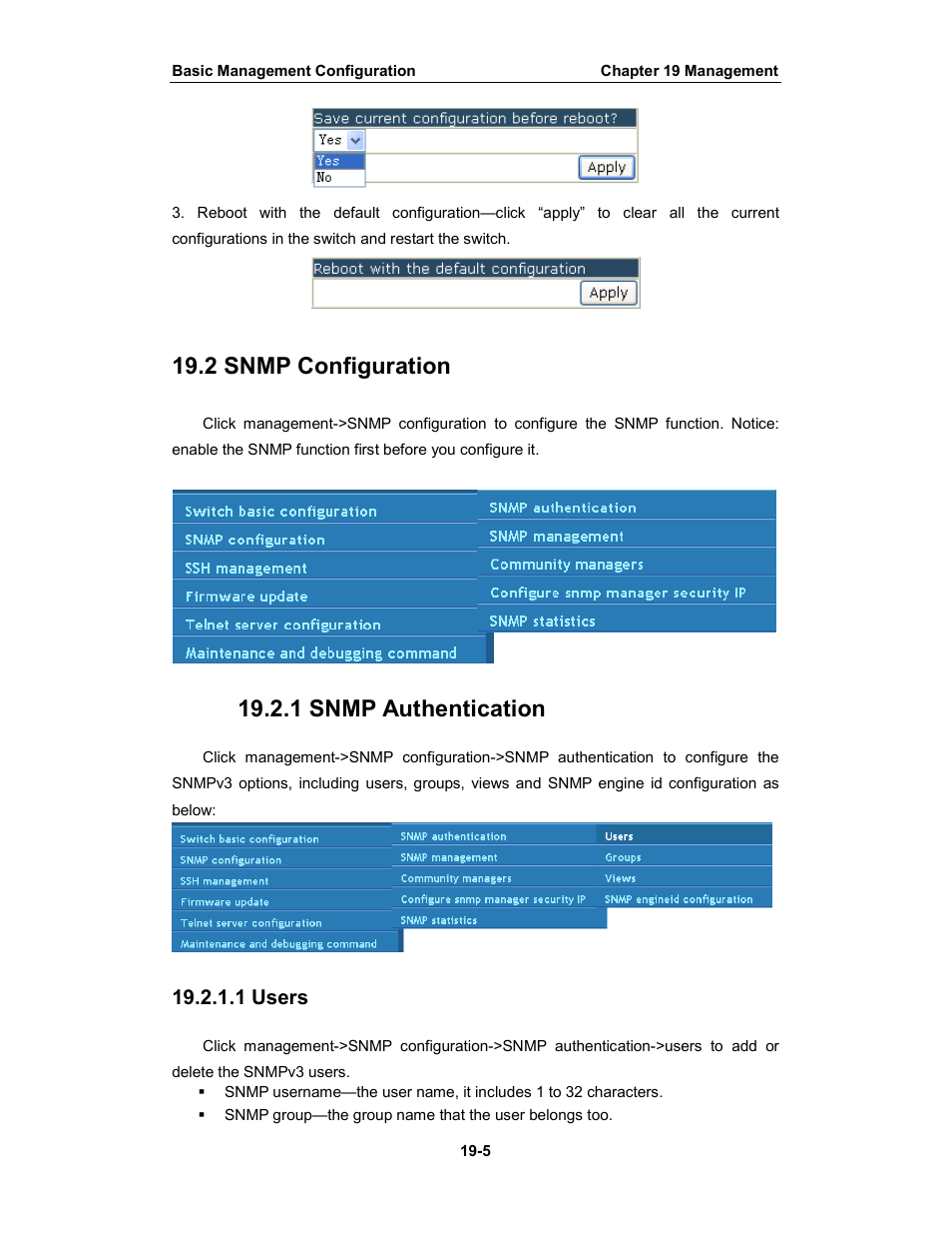2 snmp configuration, 1 snmp authentication, 1 users | Amer Networks WS6028 Web GUI User Manual | Page 91 / 105