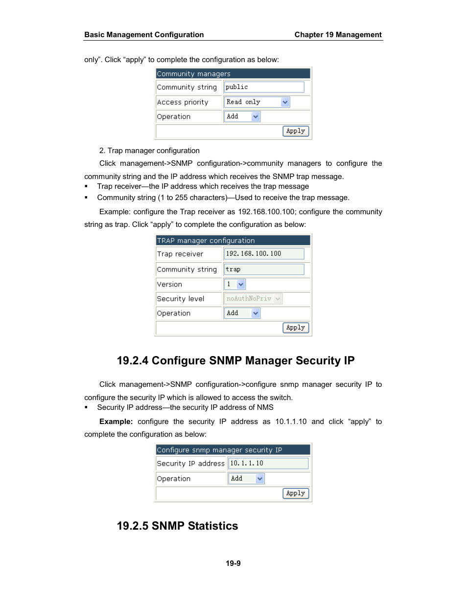 4 configure snmp manager security ip, 5 snmp statistics | Amer Networks WS6028 Web GUI User Manual | Page 95 / 105