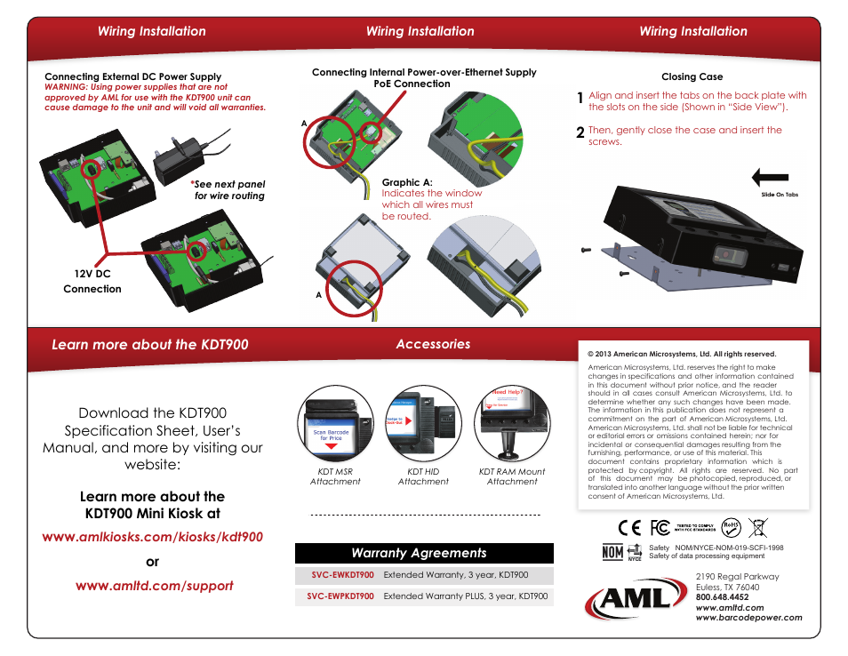 Back, Learn more about the kdt900, Wiring installation accessories | Wiring installation, Warranty agreements | AML KDT900 Mini-Kiosk User Manual | Page 2 / 2