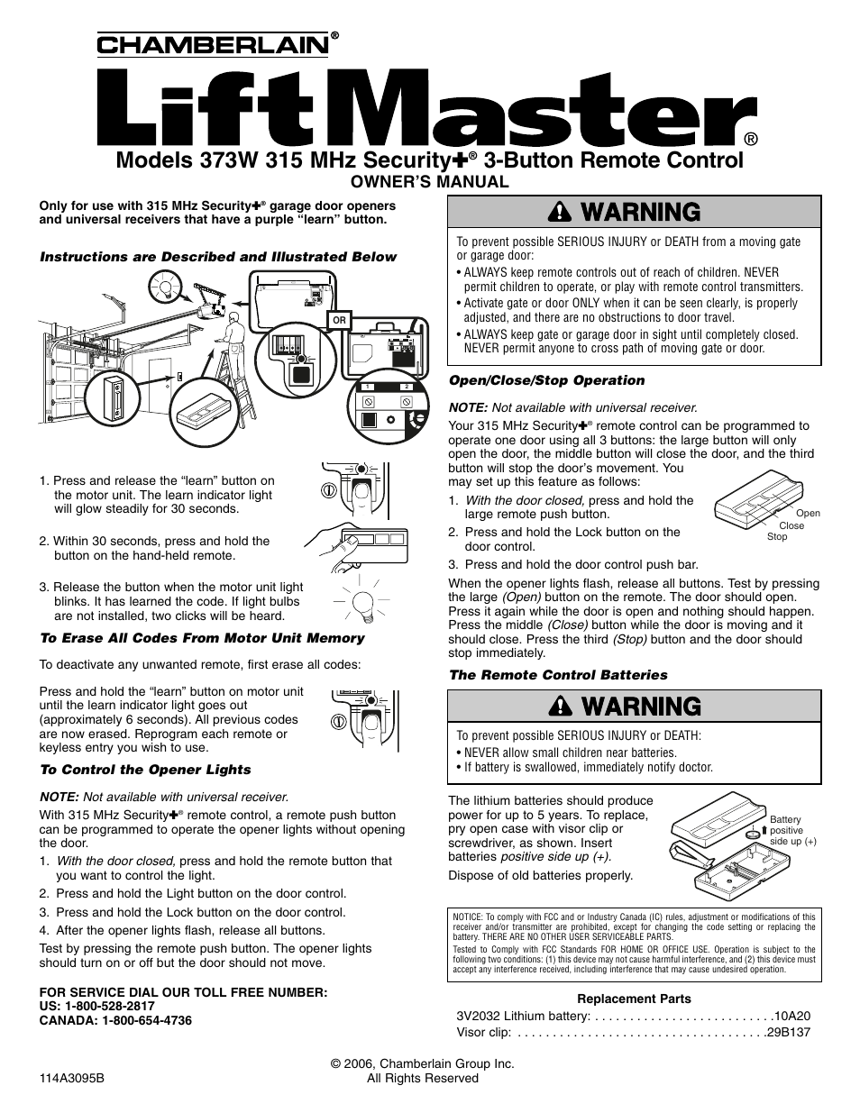 Chamberlain 373W 315 MHz User Manual | 1 page