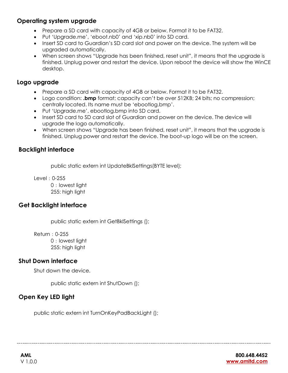 Operating system upgrade, Logo upgrade, Backlight interface | Get backlight interface, Shut down interface, Open key led light | AML Guardian Vehicle-Mounted Computer User Manual | Page 14 / 15