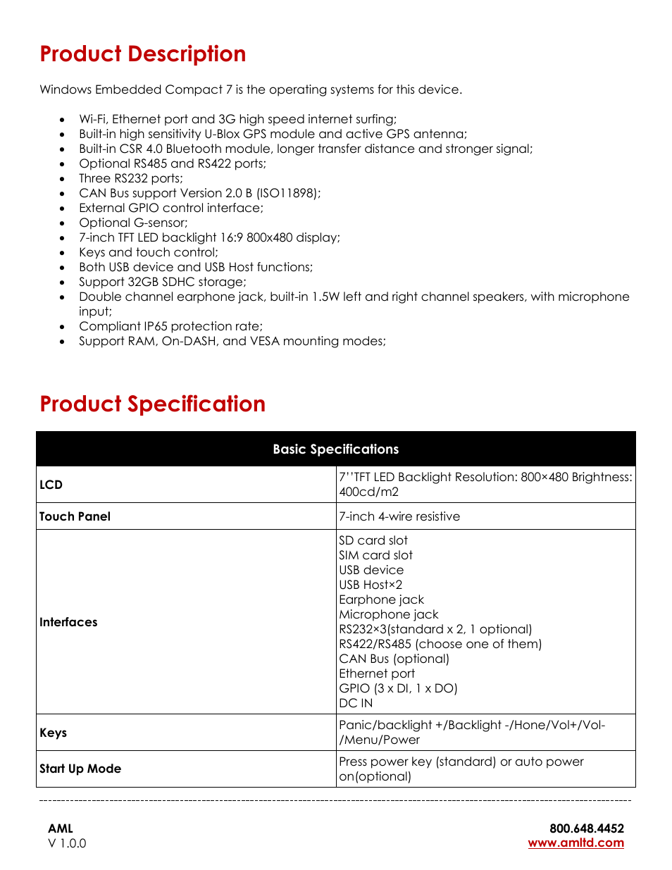 Product description, Product specification, Product description product specification | AML Guardian Vehicle-Mounted Computer User Manual | Page 3 / 15