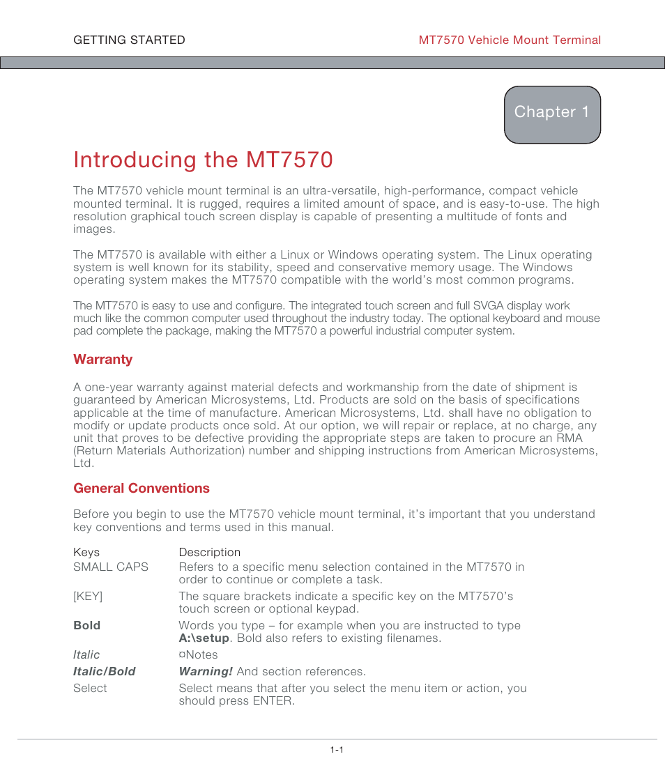 Introducing the mt7570, Chapter 1 | AML MT7570 Vehicle Mount Computer User Manual | Page 5 / 69