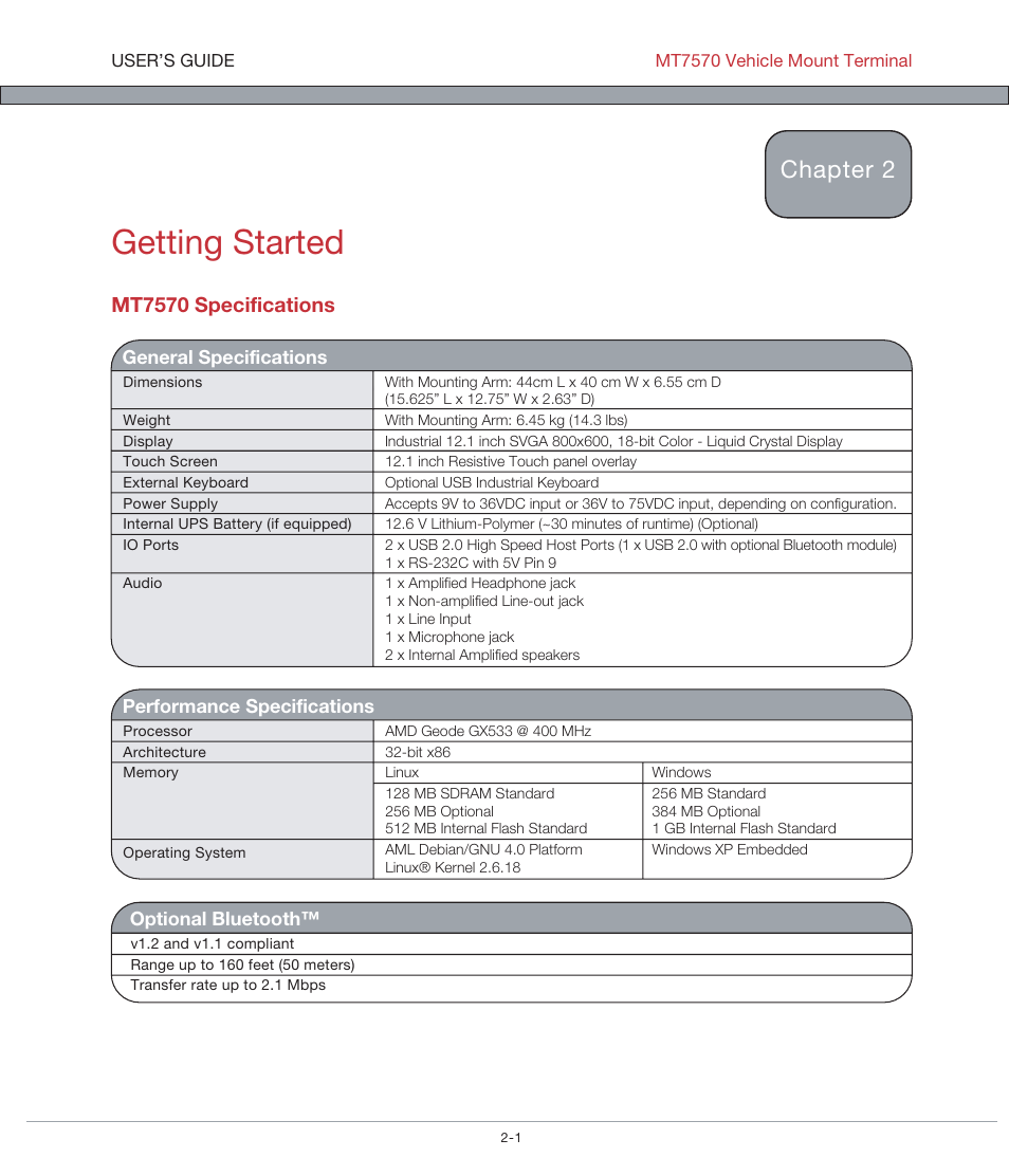 Getting started, Chapter 2, Mt7570 specifications | AML MT7570 Vehicle Mount Computer User Manual | Page 6 / 69