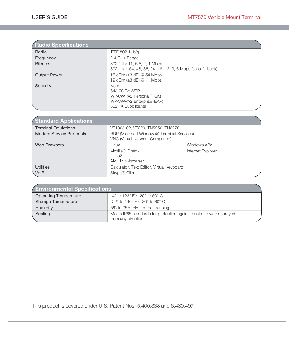 Radio specifications, Standard applications, Environmental specifications | AML MT7570 Vehicle Mount Computer User Manual | Page 7 / 69