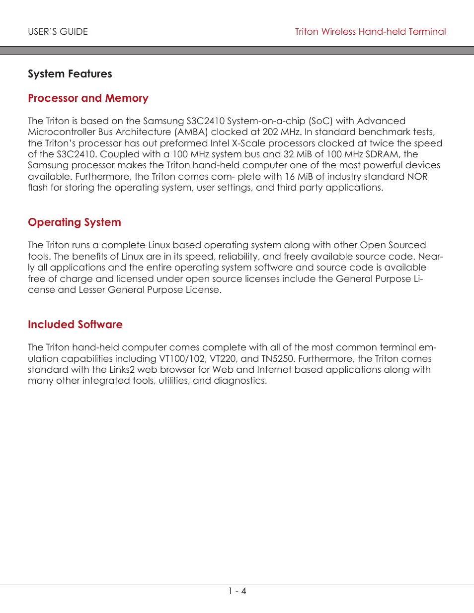 Operating system 1-4, Included software 1-4, Processor and memory 1-4 | System features 1-4, System features, Processor and memory, Operating system, Included software | AML Triton Wireless Handheld Terminal User Manual | Page 10 / 84