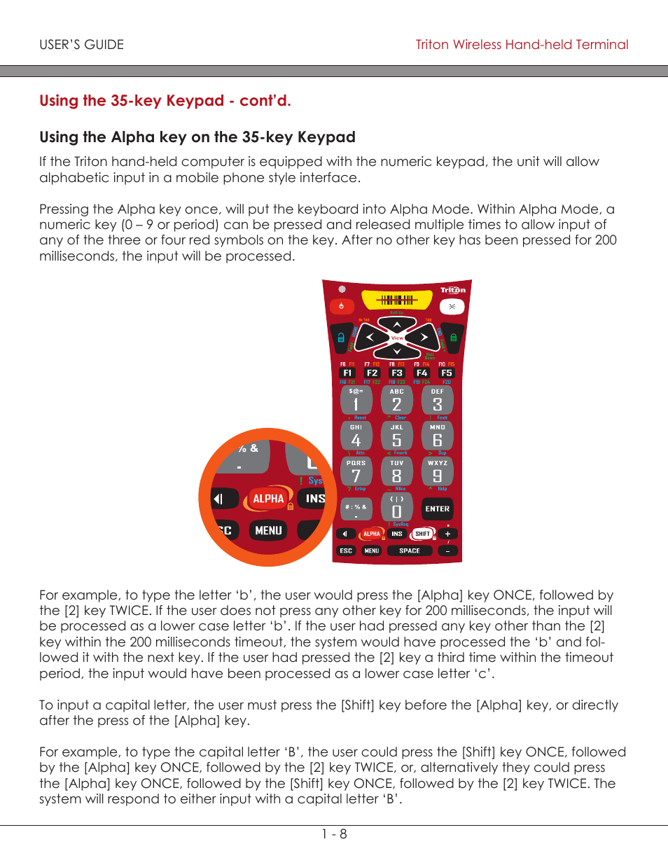 Using the alpha key on the 35-key keypad 1-8, Using the alpha key on the 35-key keypad | AML Triton Wireless Handheld Terminal User Manual | Page 14 / 84