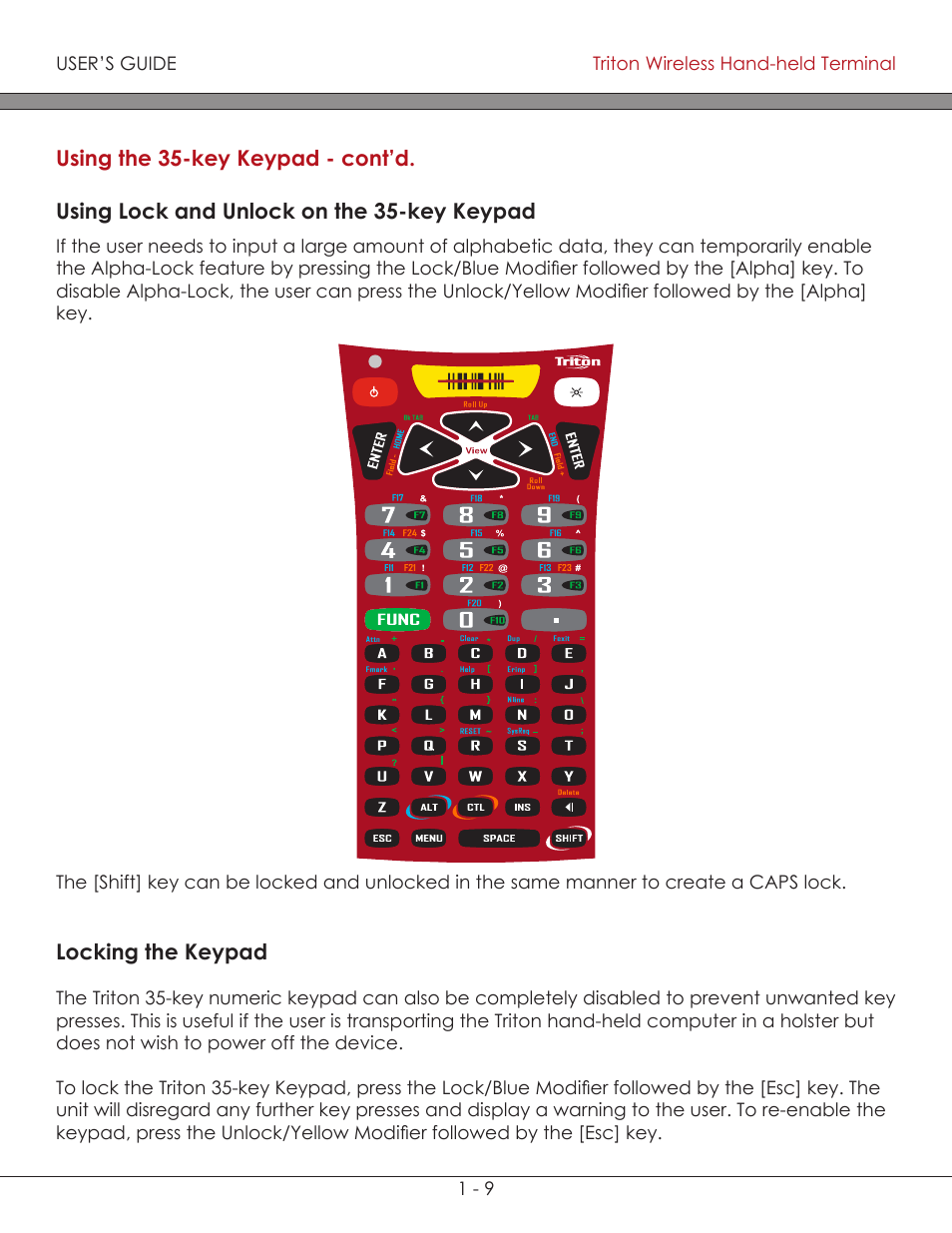 Using lock and unlock on the 35-key keypad 1-9, Locking the keypad 1-9, Using lock and unlock on the 35-key keypad | Locking the keypad | AML Triton Wireless Handheld Terminal User Manual | Page 15 / 84