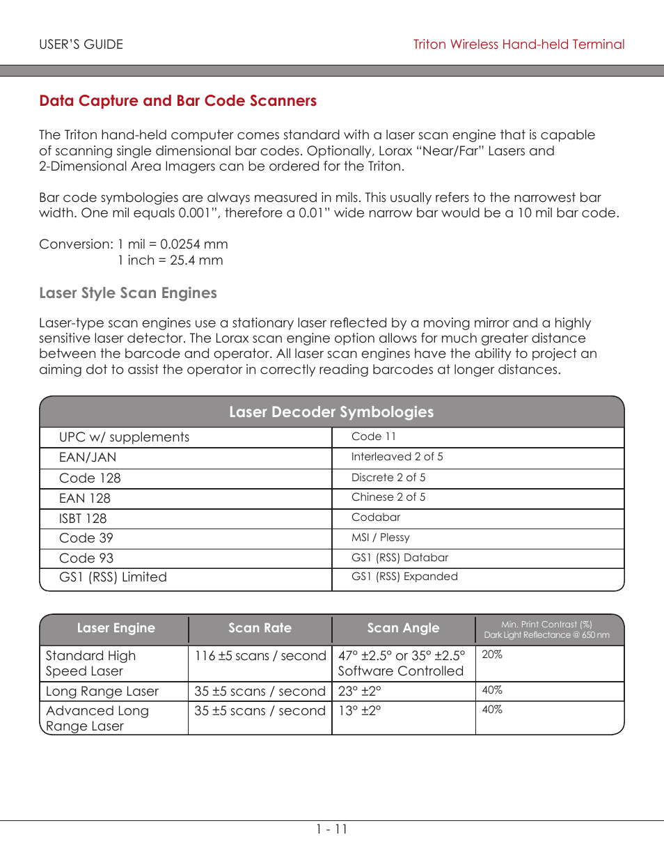 Laser style scan engines 1-11, Data capture and bar code scanners 1-11, Data capture and bar code scanners | Laser style scan engines, Laser decoder symbologies | AML Triton Wireless Handheld Terminal User Manual | Page 17 / 84